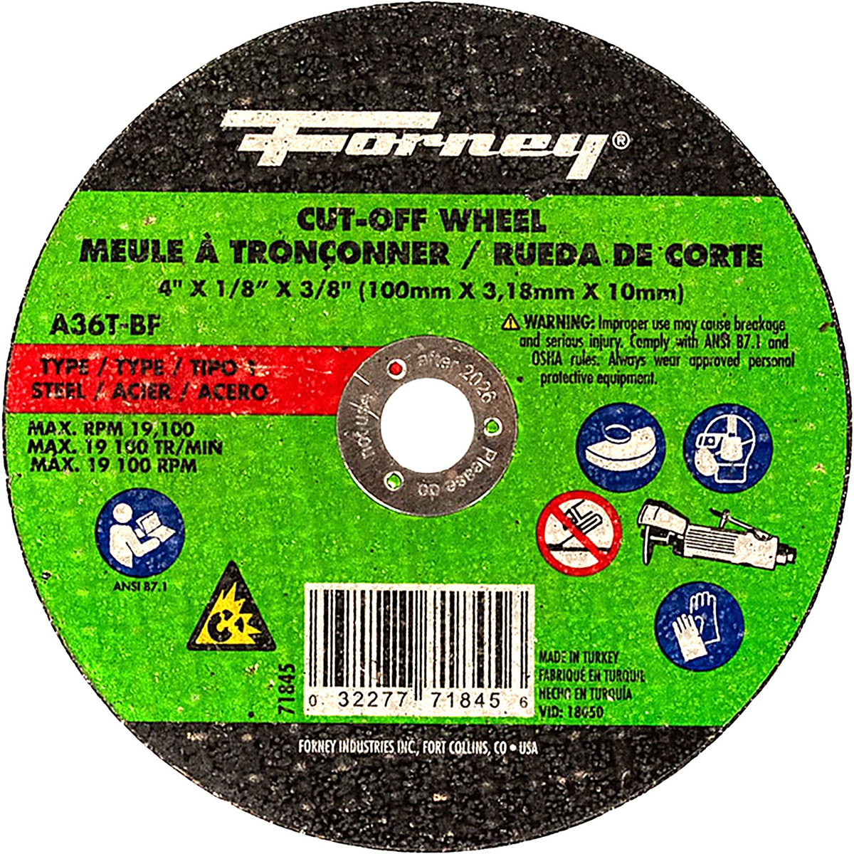 Forney - 71845 - Cut-Off Wheel, Metal, Type 1, 4 Inch X 1/8 Inch X 3/8 Inch