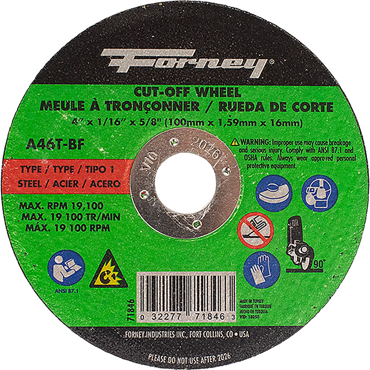 Forney - 71846 - Cut-Off Wheel, Metal, Type 1, 4 Inch X 1/16 Inch X 5/8 Inch