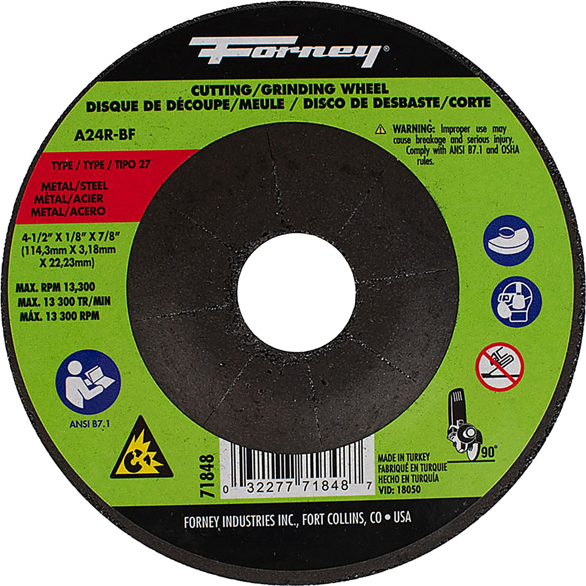 Forney - 71848 - Cut-Off Wheel, Metal, type 27, 4-1/2 Inch X 1/8 Inch X7/8 Inch