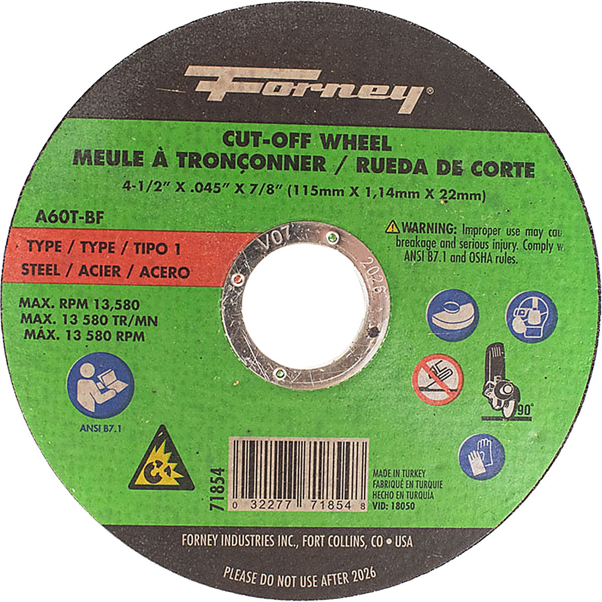 Forney - 71854 - Cut-Off Wheel, Metal, Type 1, 4-1/2 X .045 X 7/9