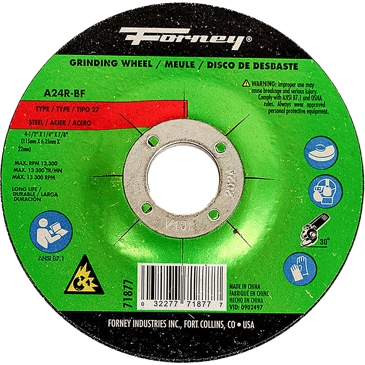 Forney - 71877 - Grinding Wheel, metal, type 27, 4-1/2 Inch X 1/4 Inch X 7/8 Inch