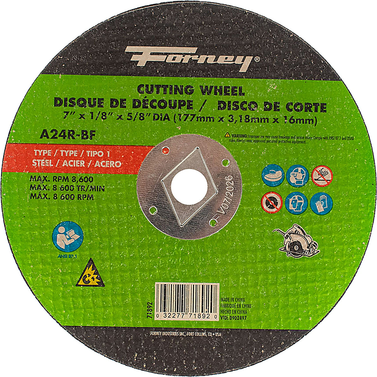 Forney - 71892 - Cut-Off Wheel, metal, type 1, 7 Inch X 1/8 in X 5/8 in