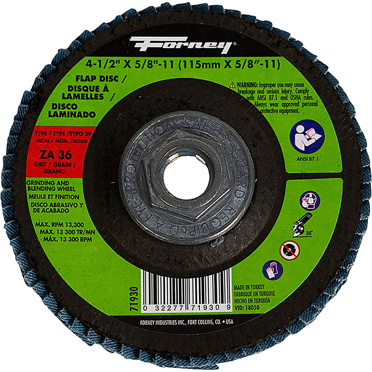 Forney - 71930 - Flap Disc, Type 29, 4-1/2 in X 5/8 in-11, Za36
