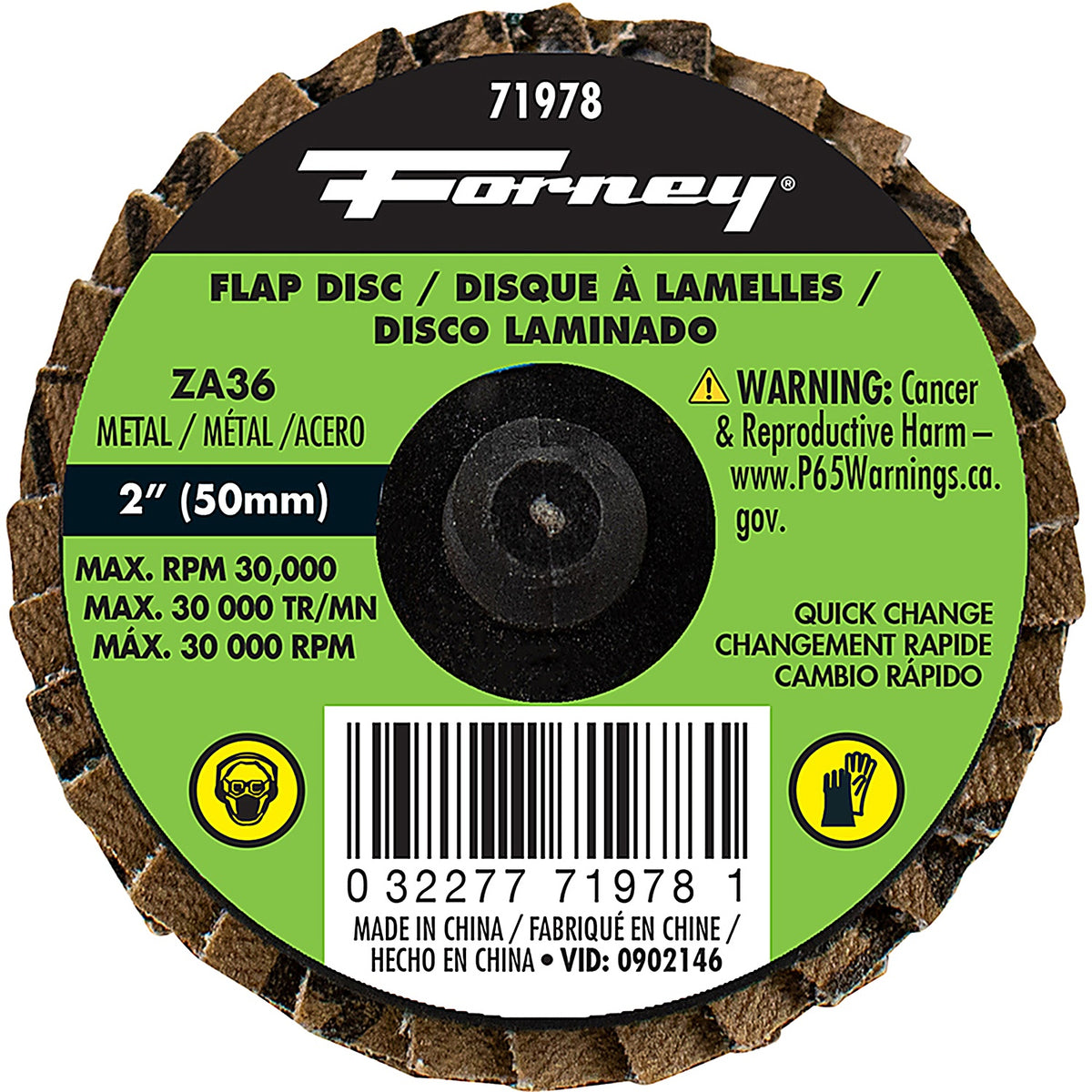 Forney - 71978 - Quick Change Flap Disc, 36 Grit, 2 in