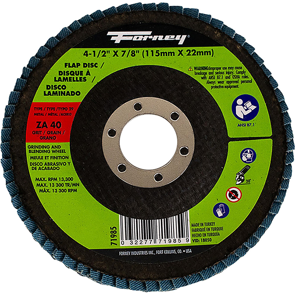 Forney - 71985 - Flap Disc, Type 29, 4-1/2 in X 7/8 in, Za40