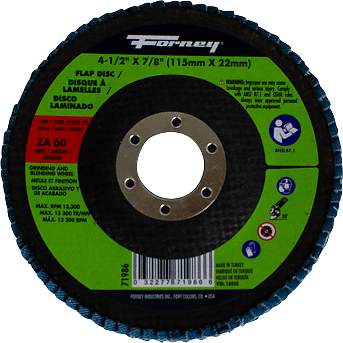 Forney - 71986 - Flap Disc, Type 29, 4-1/2 in X 7/8 in, Za60