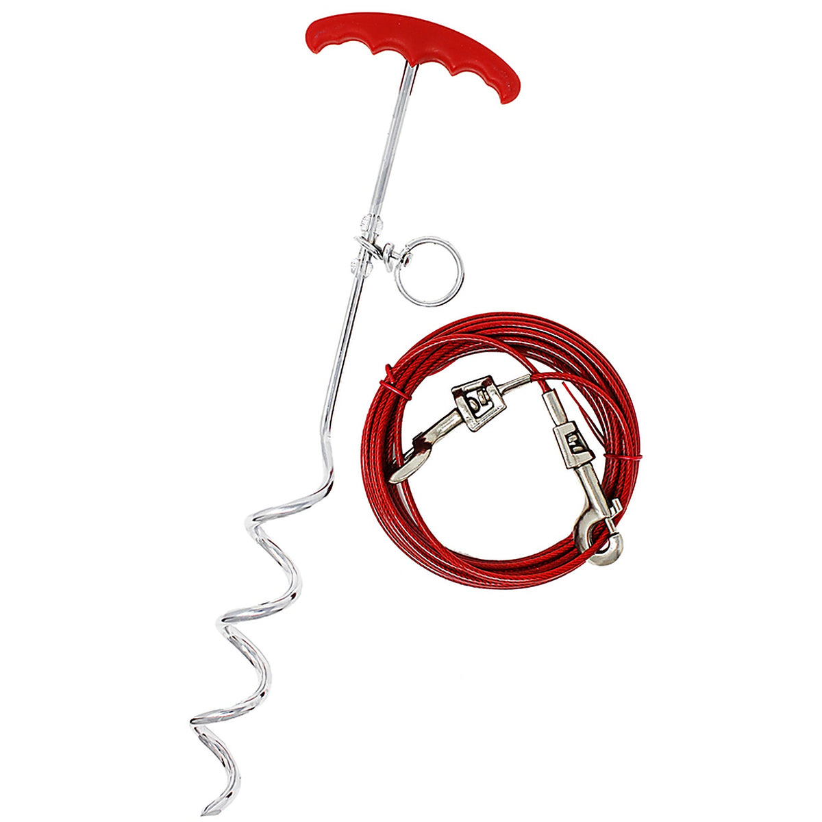 Boss Pet - A01316 - PDQ Silver / Red Vinyl Coated Cable Dog Tie Out Stake Large