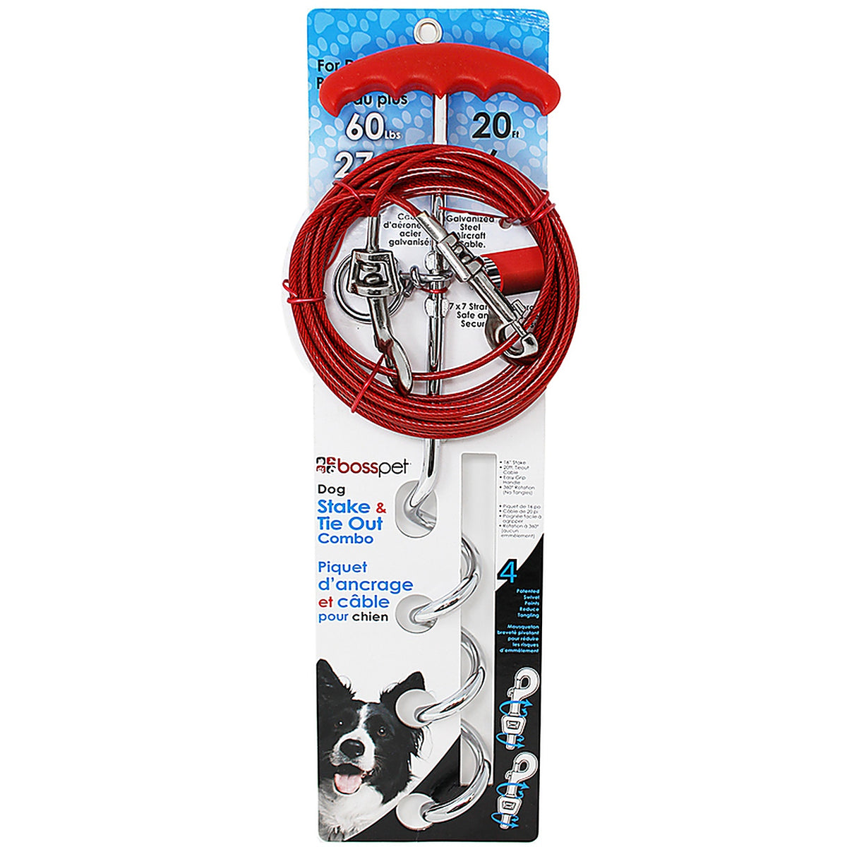Boss Pet - A01316 - PDQ Silver / Red Vinyl Coated Cable Dog Tie Out Stake Large