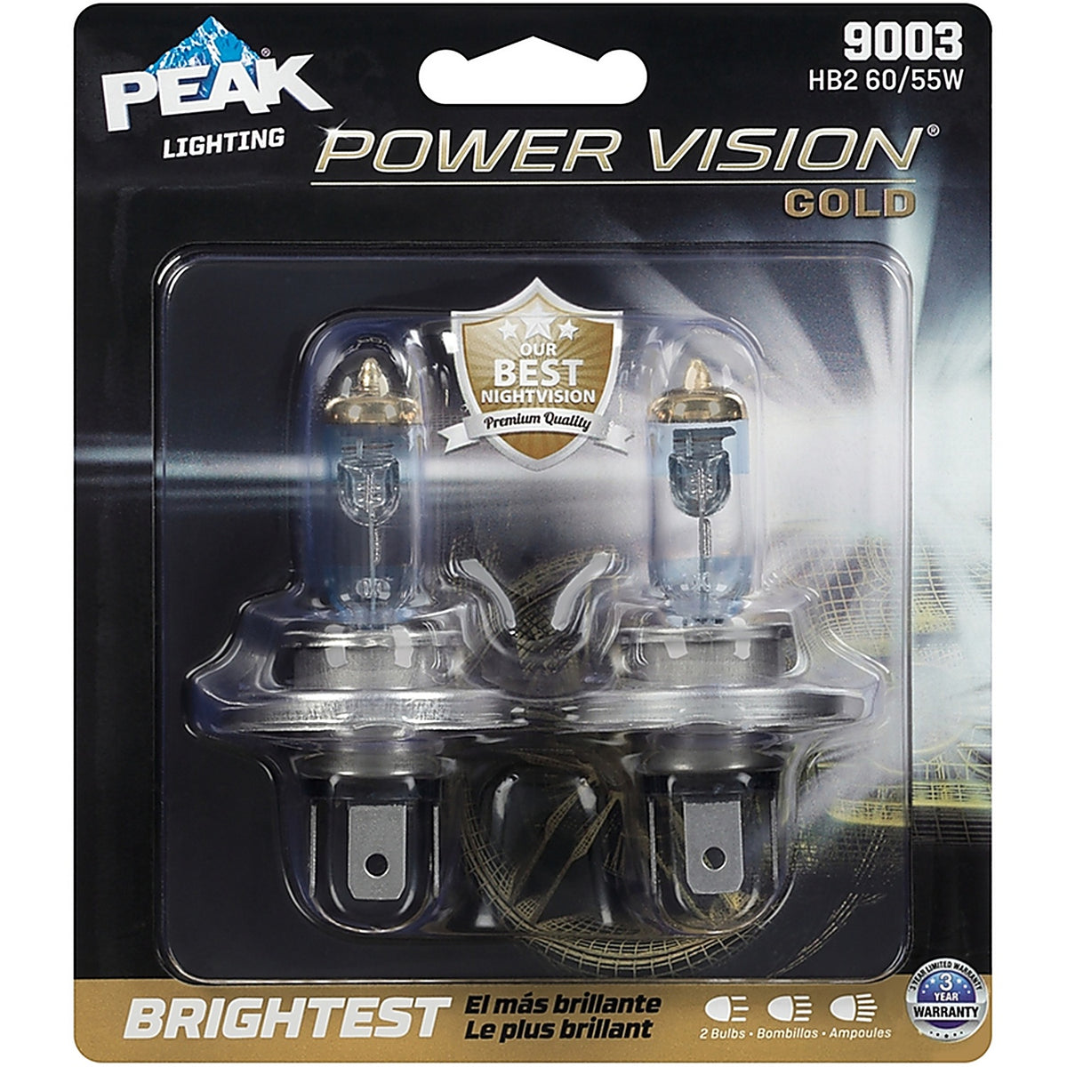 Peak - 9003PVG-2BPP - Power Vision Gold Halogen High/Low Beam Automotive Bulb 9003 HB2 60/55W