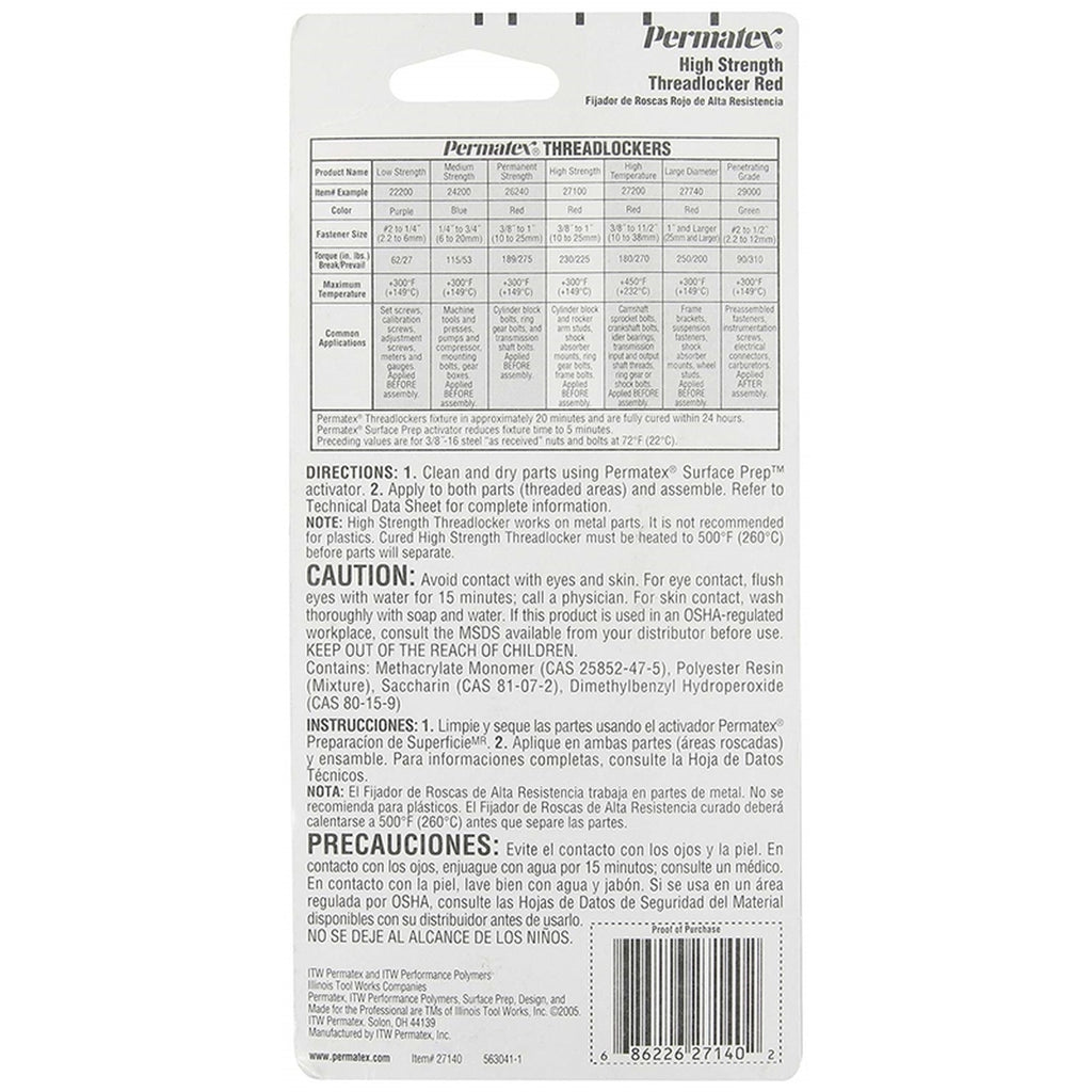 Permatex - 27140 - Threadlocker High Strength Automotive Adhesive Liquid 1.22 oz.