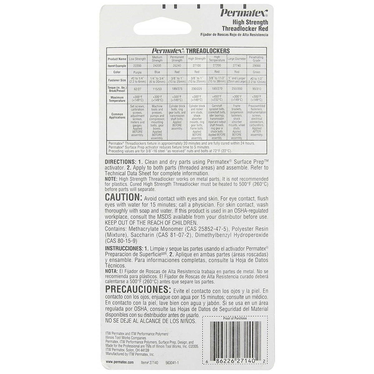 Permatex - 27140 - Threadlocker High Strength Automotive Adhesive Liquid 1.22 oz.