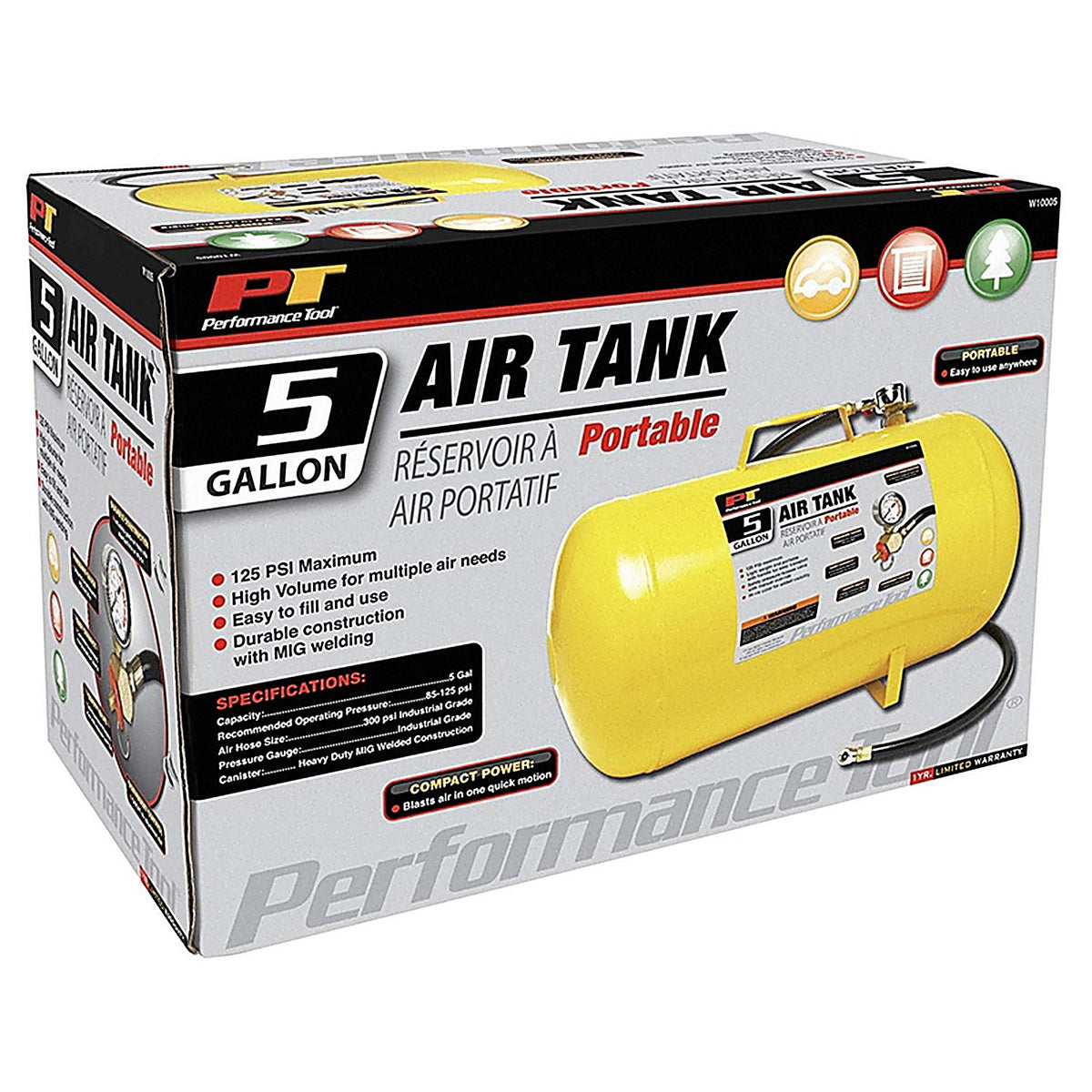 Performance Tool - W10005 - 125 psi Air Tank 5G Yellow