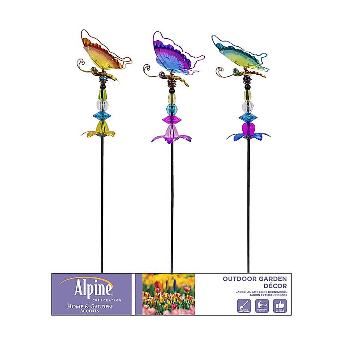 Alpine - LJJ1226A - Multicolored Glass/Metal 36 in. H Butterfly/Flower/Jewels Outdoor Garden Stake