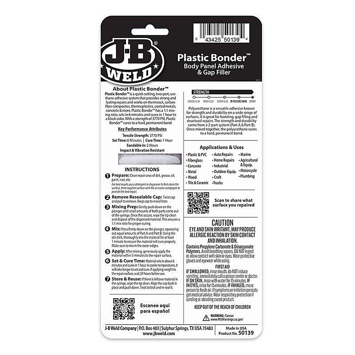 J-B Weld - 50139 - Plastic Bonder High Strength Automotive Adhesive Paste 0.85 oz.