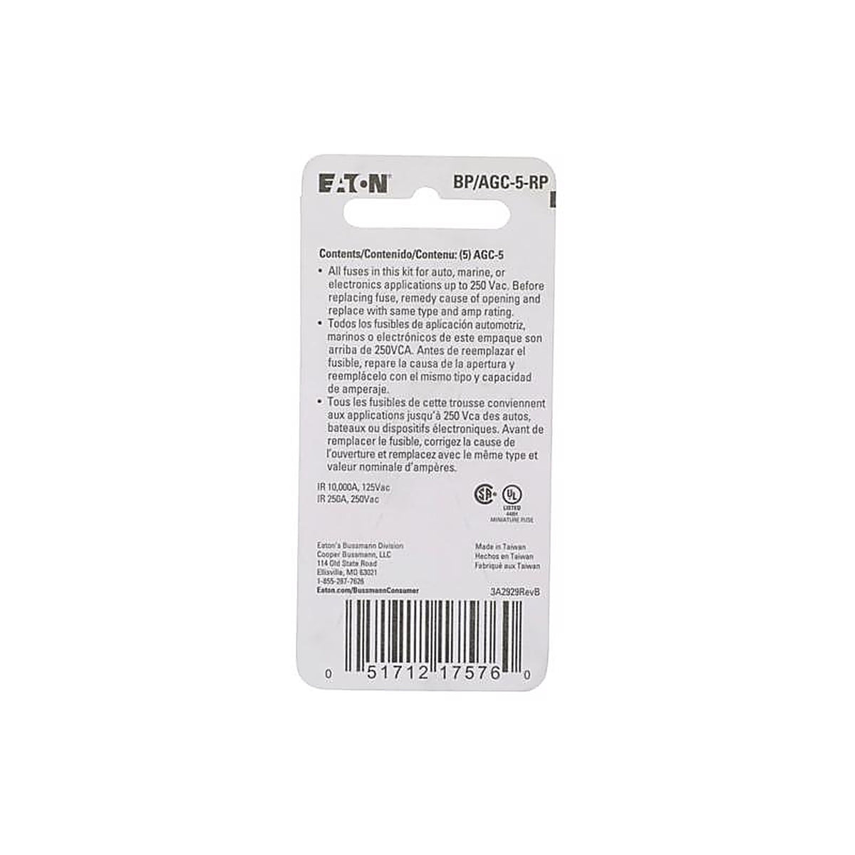 Bussmann - BP/AGC-5-RP - 5 amps AGC Glass Tube Fuse - 5/Pack