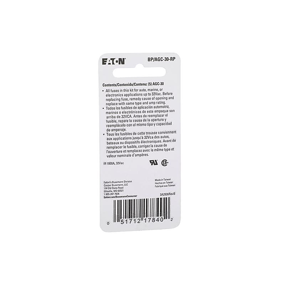 Bussmann - BP/AGC-30-RP - 30 amps AGC Glass Tube Fuse - 5/Pack