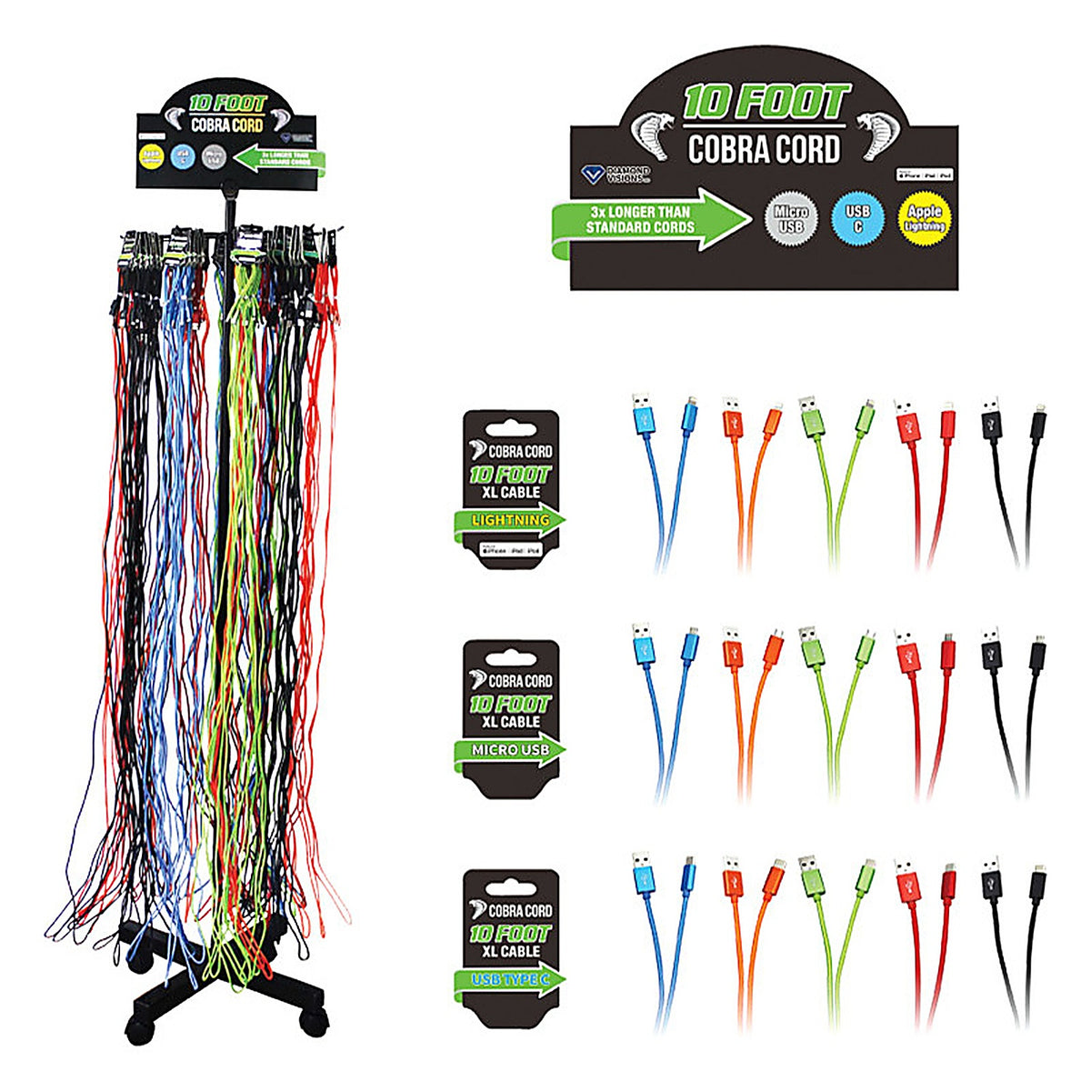 Diamond Visions - 01-2372 - Cobra Cord Charging Cord 10 Assorted