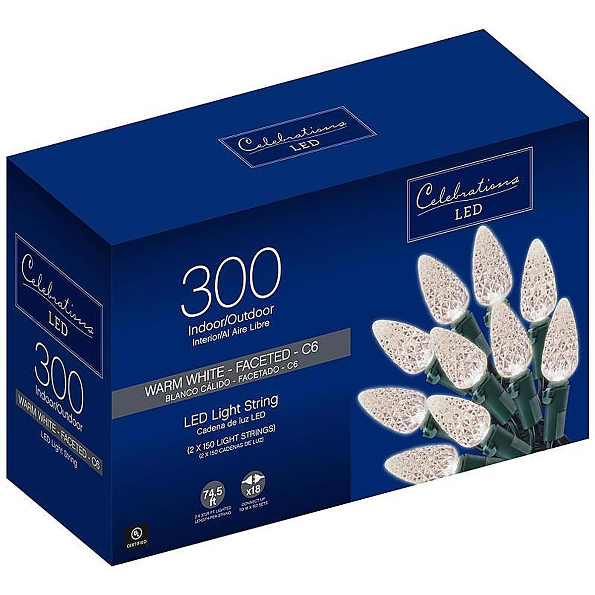 Celebrations - 47985-71 - LED C6 Clear/Warm White 300 count String Christmas Lights 74.5 ft.