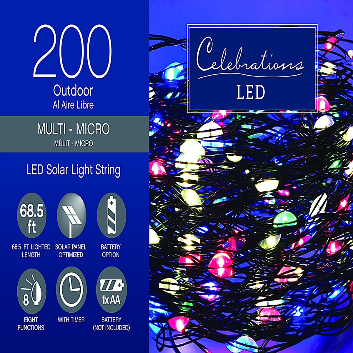 Celebrations - 37200CMR1 - LED Micro Multicolored 200 ct String Christmas Light Bulbs 16.24 ft.