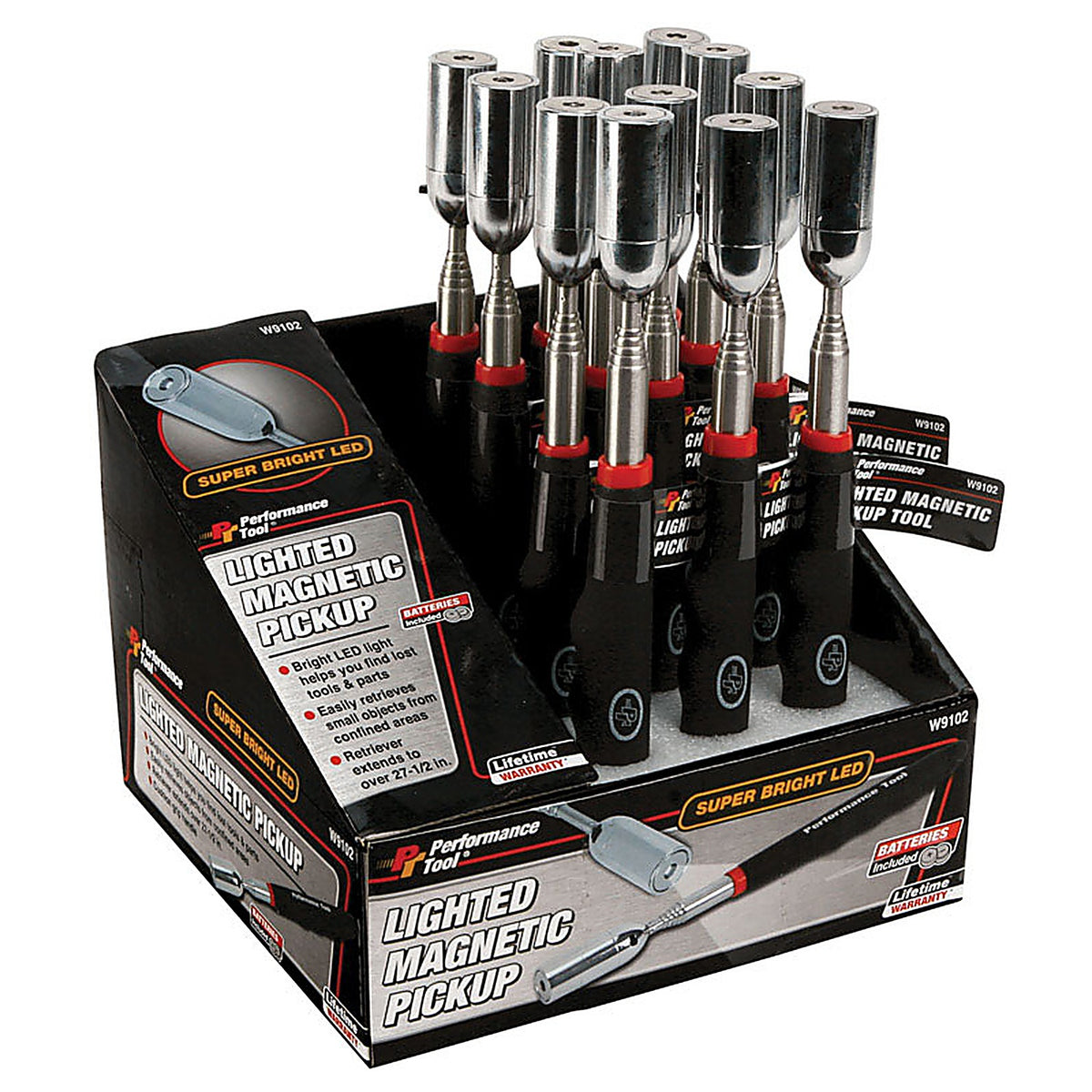 Performance Tool - W9102IP - Lighted Magnetic Pick-up Tool Metal 12 pk