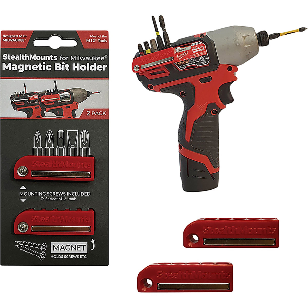 StealthMounts - BH-MW12-RED-2 - Magnetic Bit Holder for Milwaukee M12 Tools (2 Pack) Red