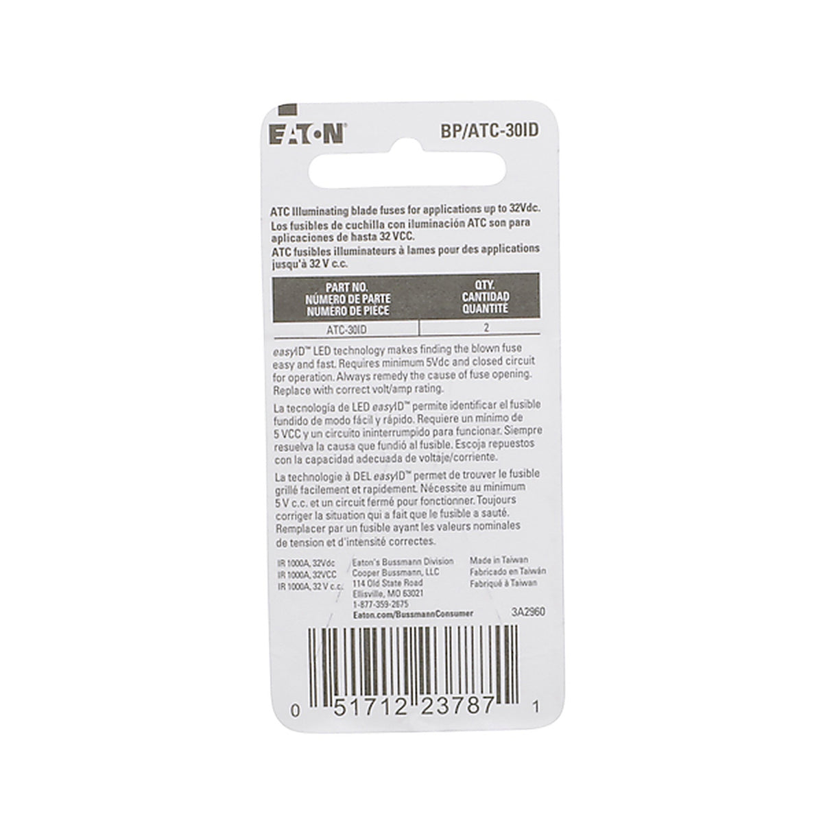 Bussman - BPATC-30ID - Eaton Bussmann Series Atc Easyid 30A Blade Fuse - 2 Pieces