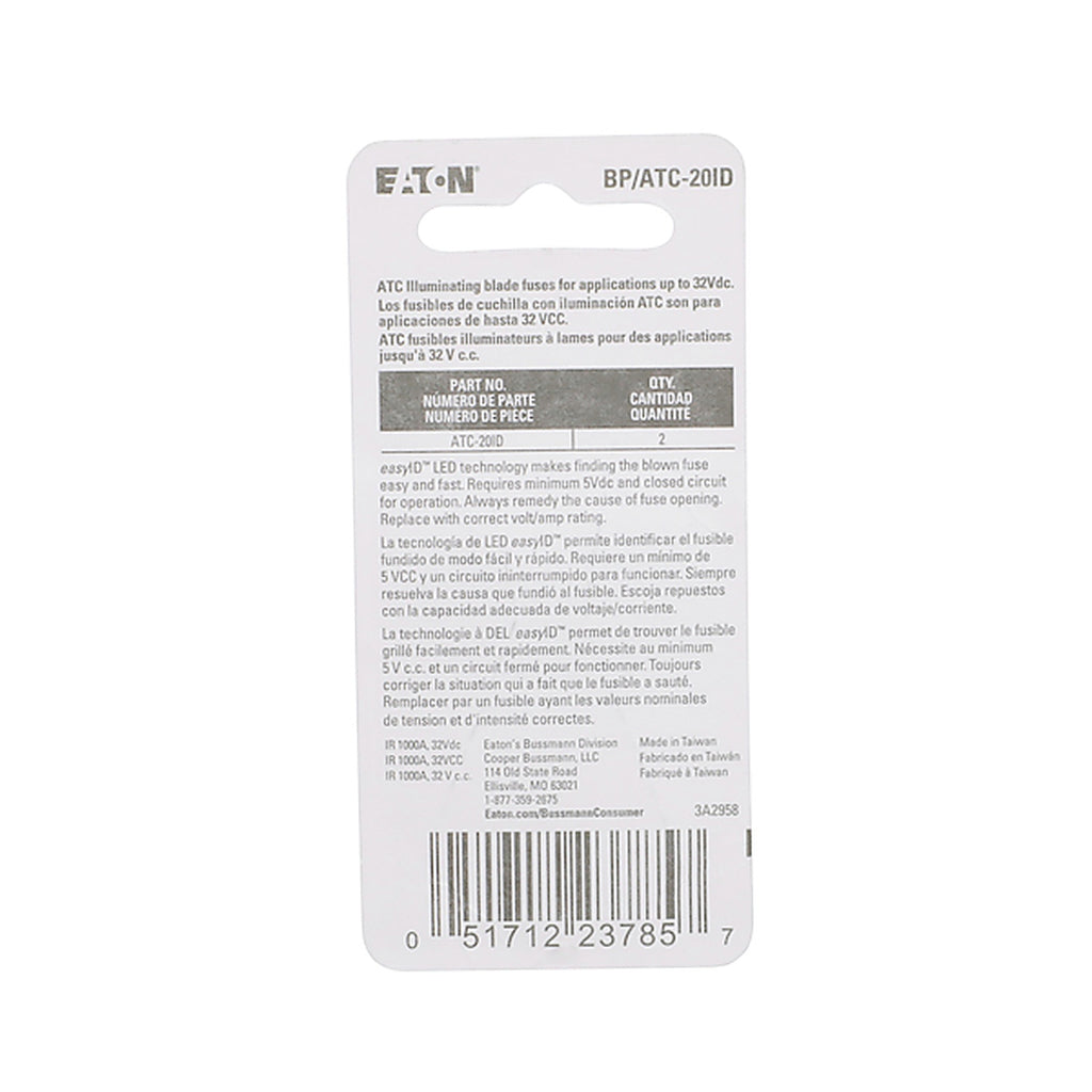Bussman - BPATC20ID - Eaton Bussmann Series Atc Easyid 20A Blade Fuse - 2 Pieces