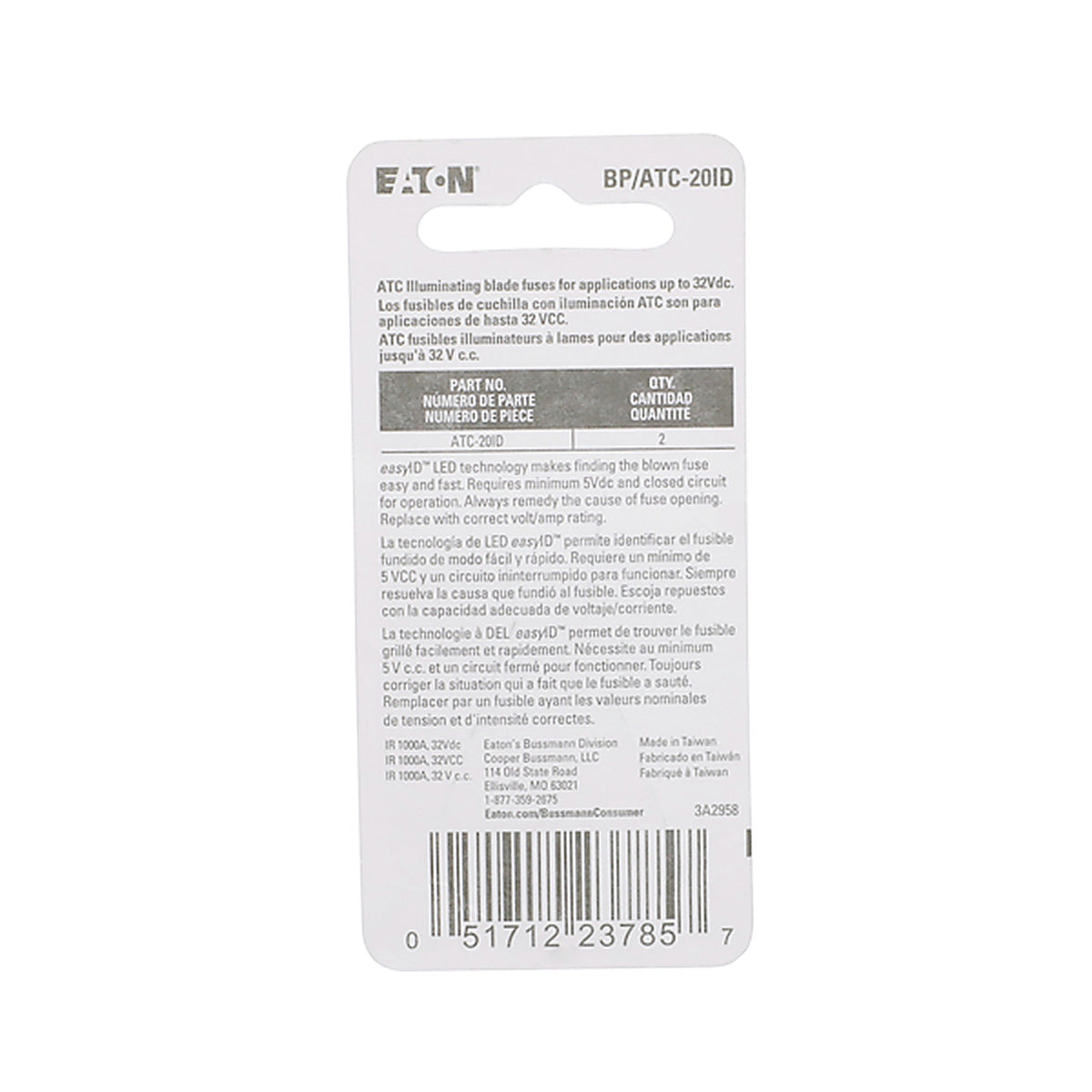 Bussman - BPATC20ID - Eaton Bussmann Series Atc Easyid 20A Blade Fuse - 2 Pieces
