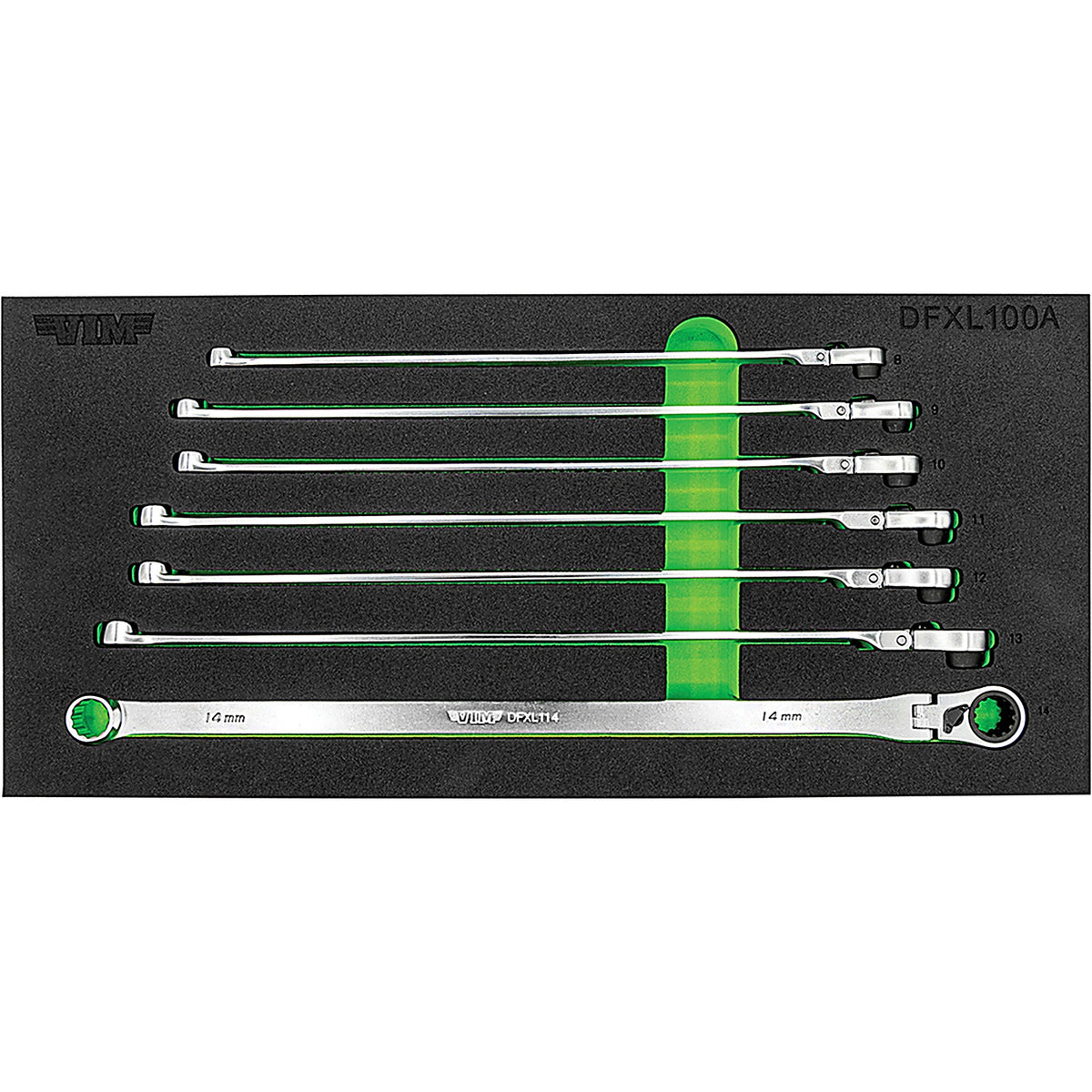 VIM Tools - DFXL100A - 7 Piece Deep Spline Ratcheting Flex Head XL Wrench Set (8-14 mm)