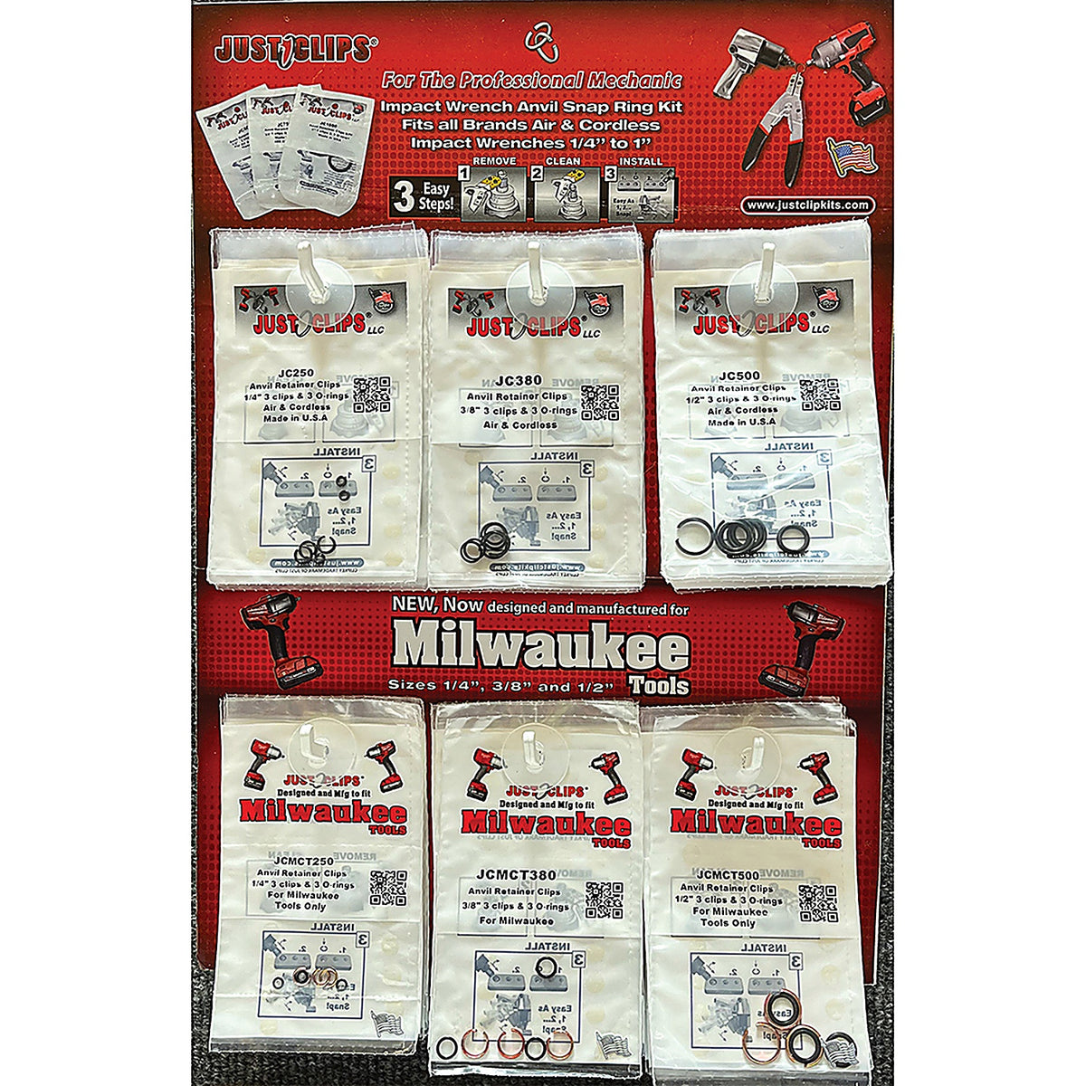 Just Clips - JCMCTSRD - 6 Hook Display Comes w/10 Packs Ea of 1/4 Inch , 3/8 Inch & 1/2 Inch Jc Original & Milwaukee Style Snap Ring Kts