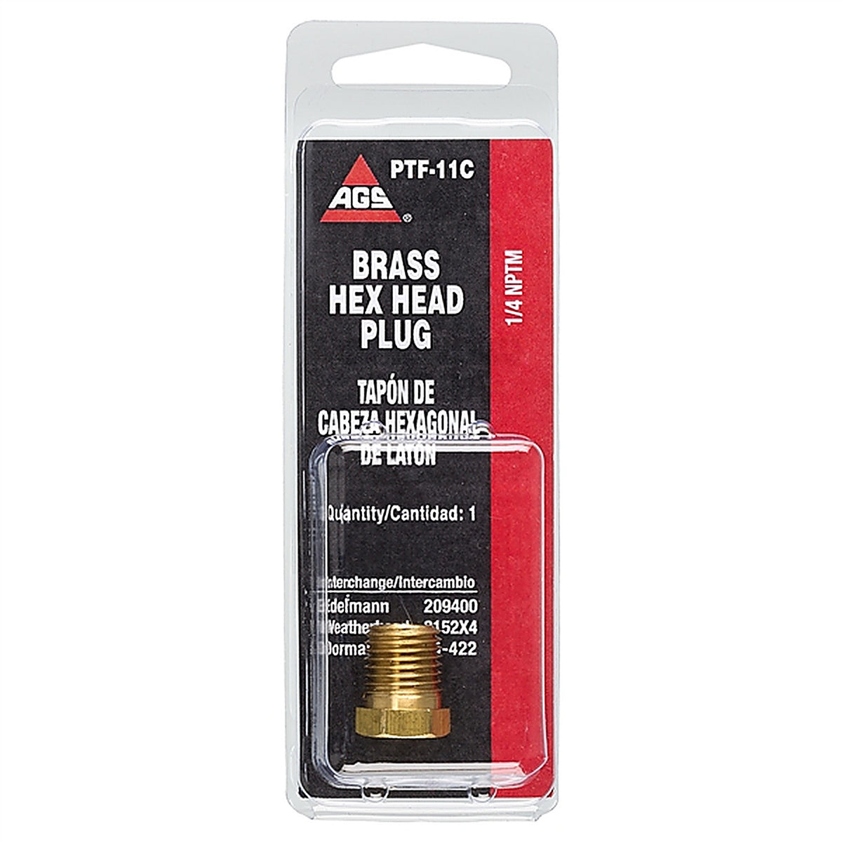 AGS - PTF-11B - Brass HEX Plug, Male (1/4-18 NPT), 1/Bag