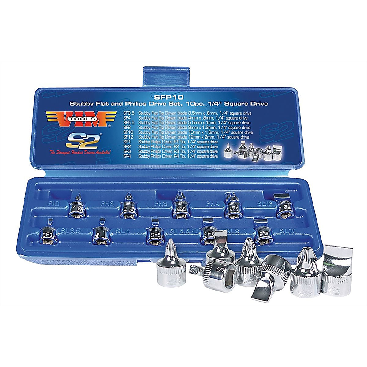 VIM Tools - SFP10 - 10 pc 1/4 Square Drive Stubby Flat and Phillips Drive Set