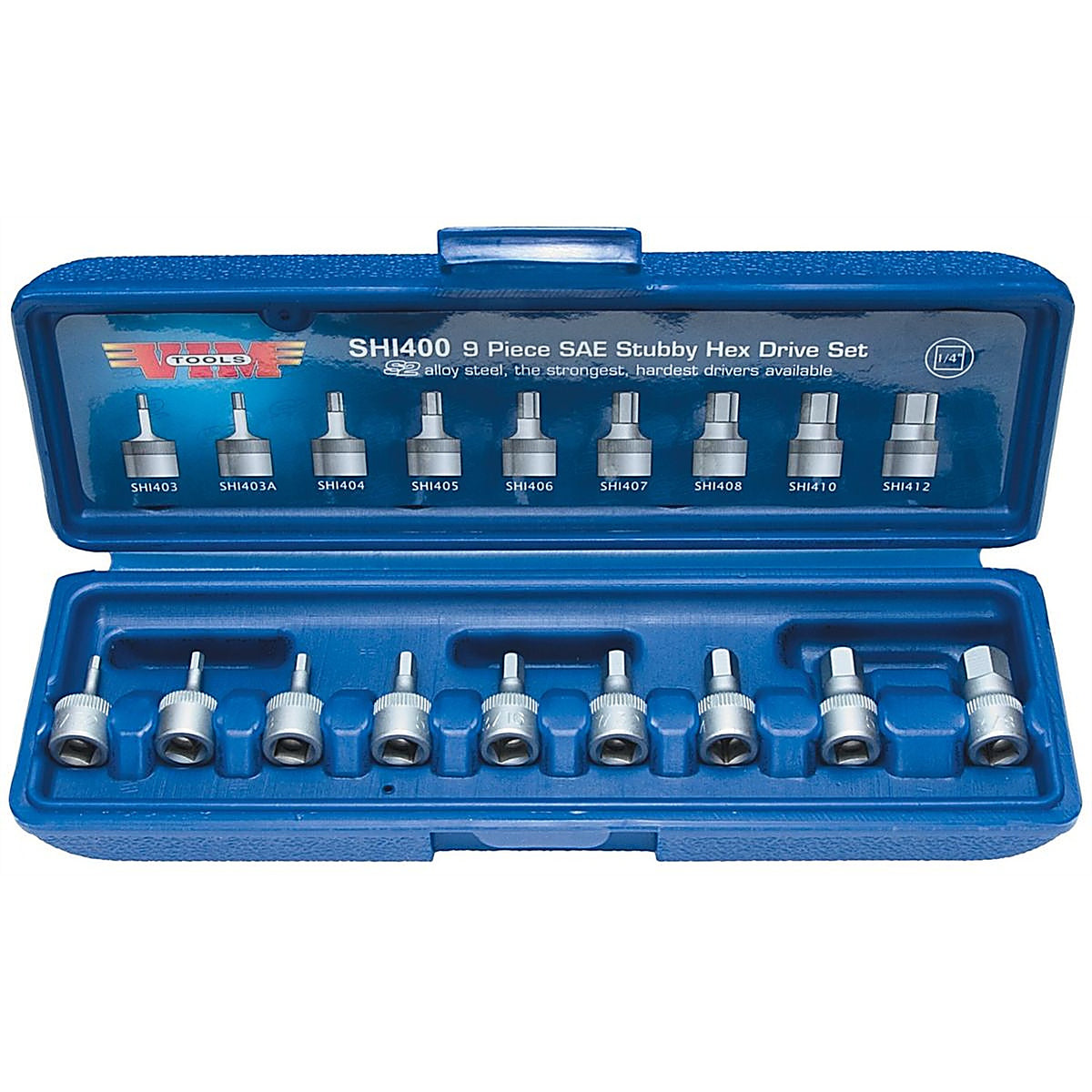 VIM Tools - SHI400 - 9 Piece 1/4 in Drive SAE 3/32 in - 3/8 in Stubby Hex Bit Set