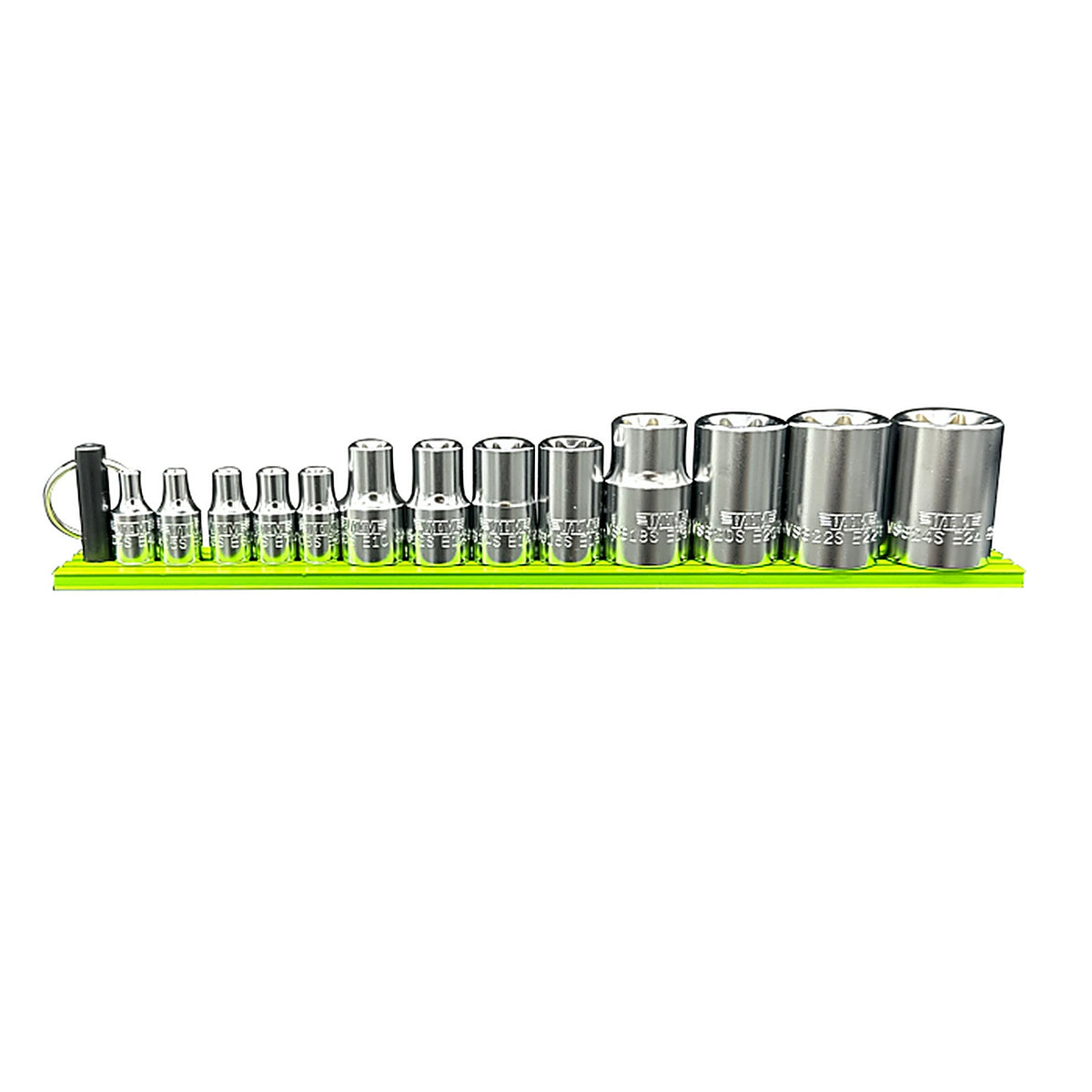 VIM Tools - TMS-ETORX - Elite 13 Piece. E Torx Set, E4 Thru E24, Package on a Green Magrail