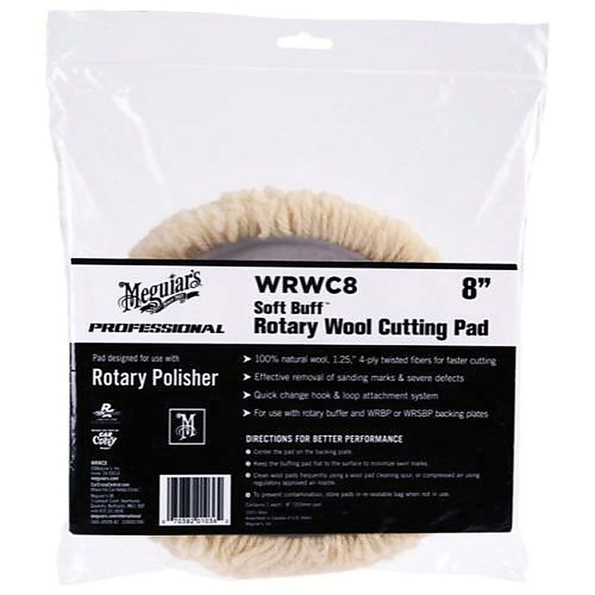 Meguiars - WRWC8 - Soft Buff Rotary Cutting Pad, 8 Inch Diameter, Hook and Loop Attachment, Wool Pad